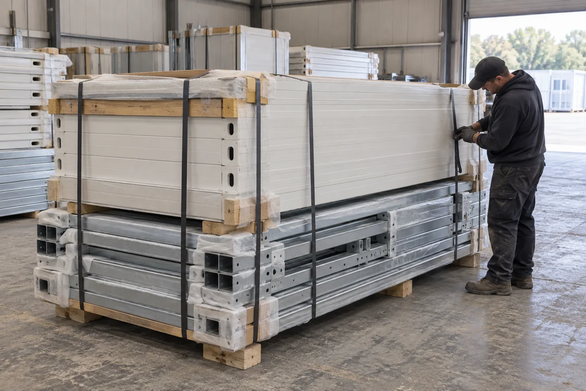 Worker checking strapped modular building components prepared for shipment in a factory