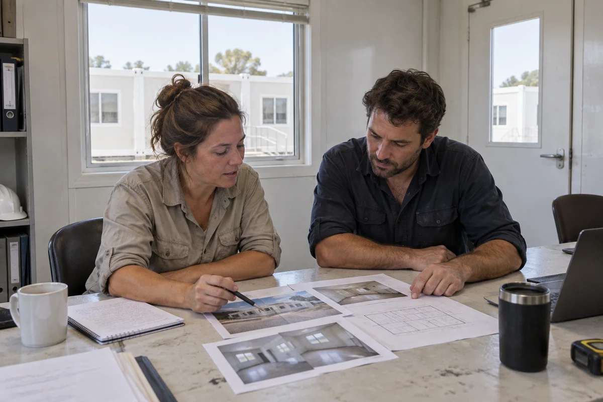 Project team reviewing a modular healthcare building brief in a practical site office