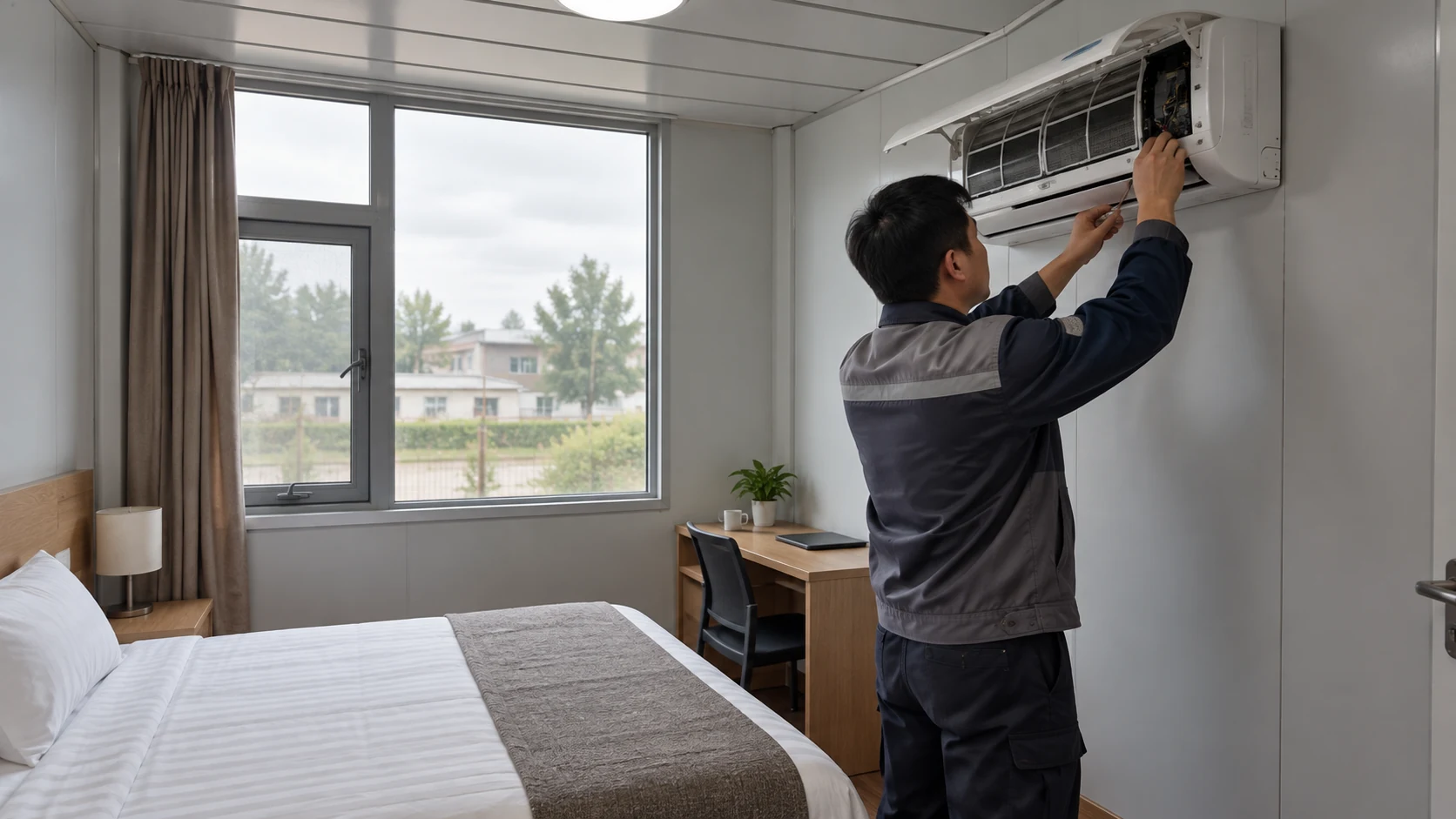 Illustrative technician checking guest-room climate equipment