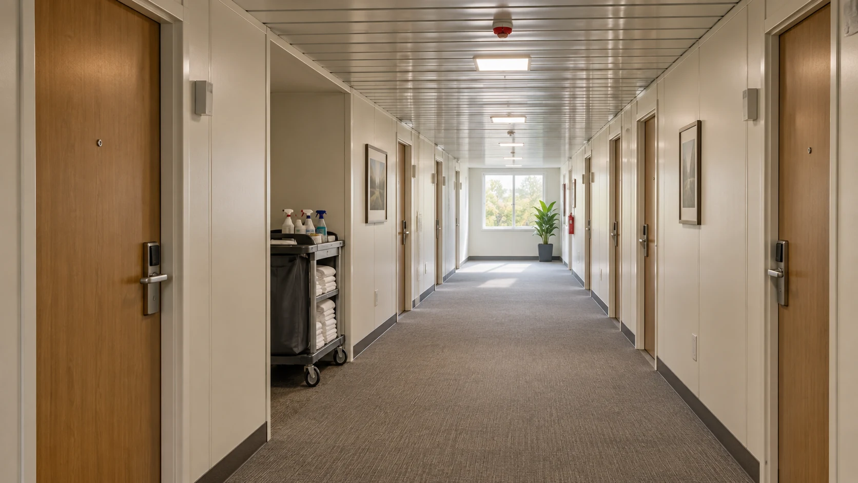 Illustrative modular hotel corridor with guest-room doors and a housekeeping cart