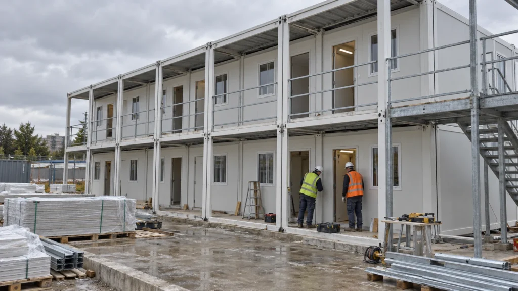 Illustrative modest modular guest-room wing under construction