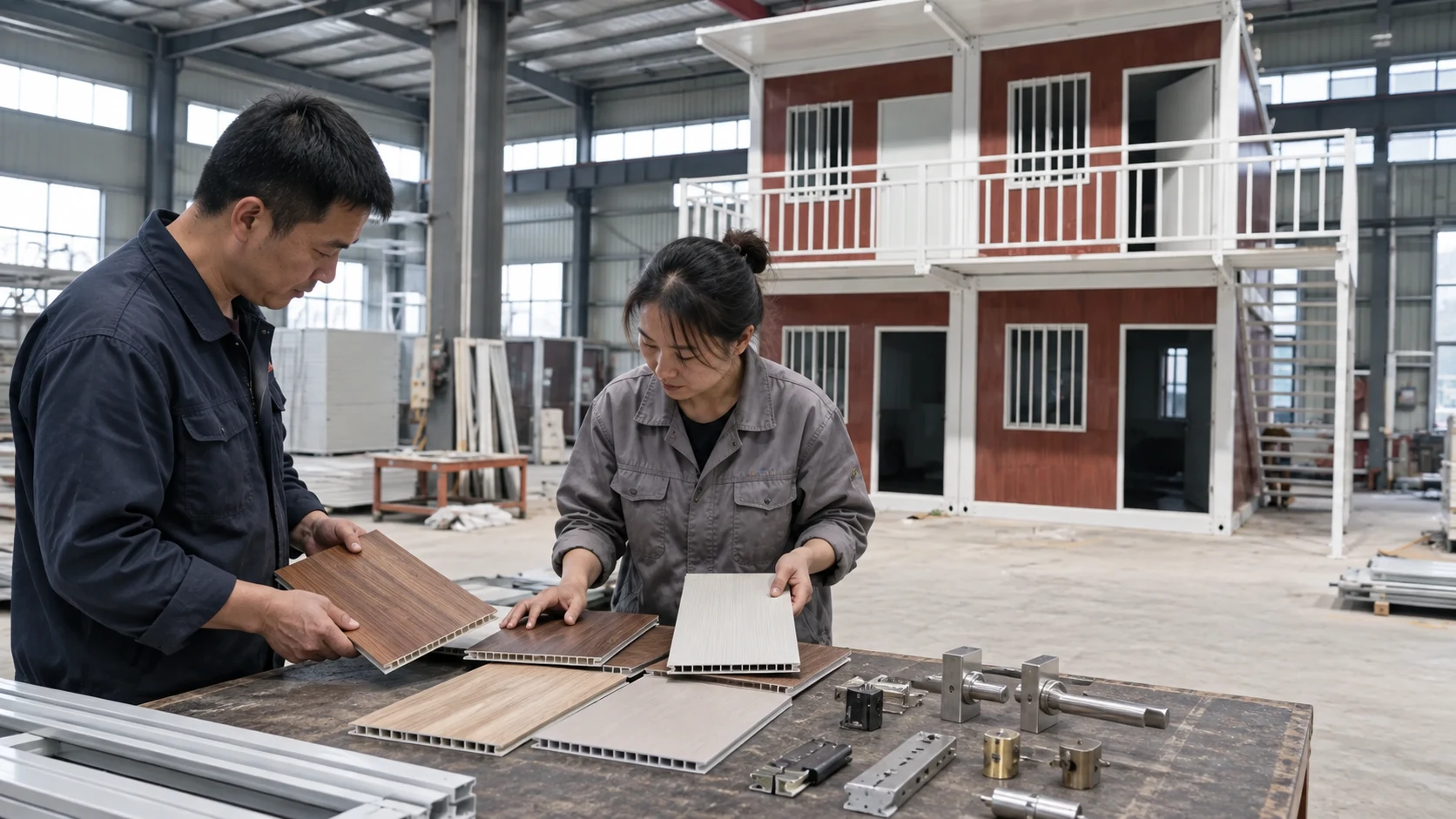 Illustrative factory review of modular guest-room finish and door-hardware samples