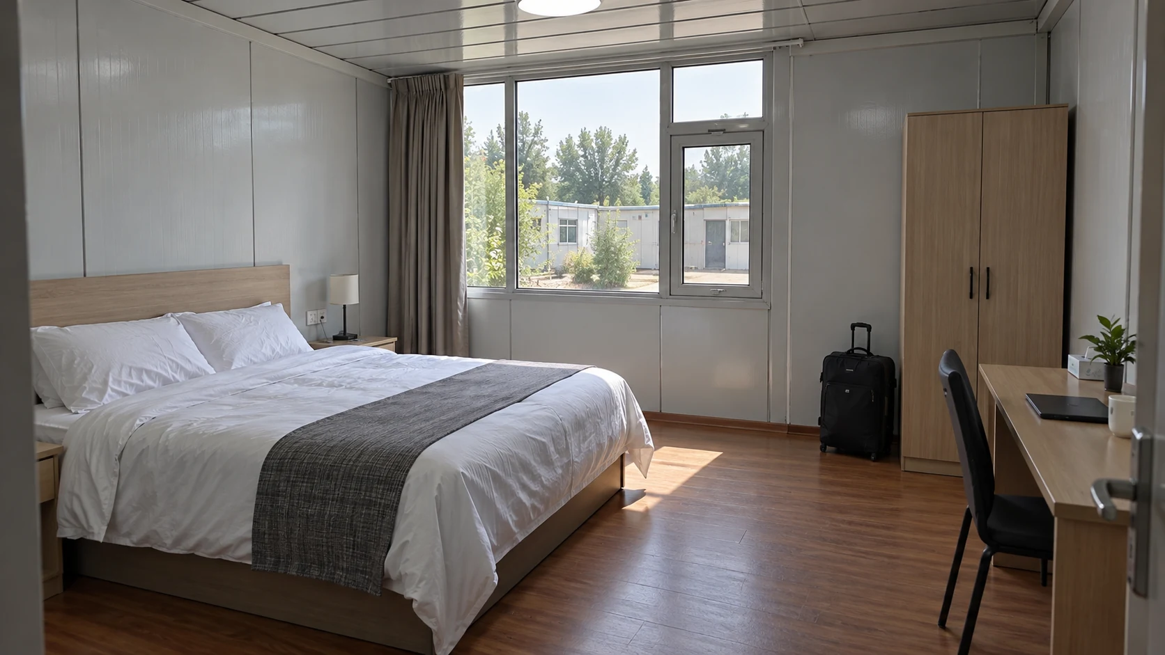 Illustrative modest modular hotel guest room with furniture and luggage