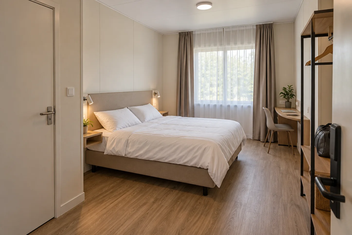 Double guestroom concept with private storage and a compact desk