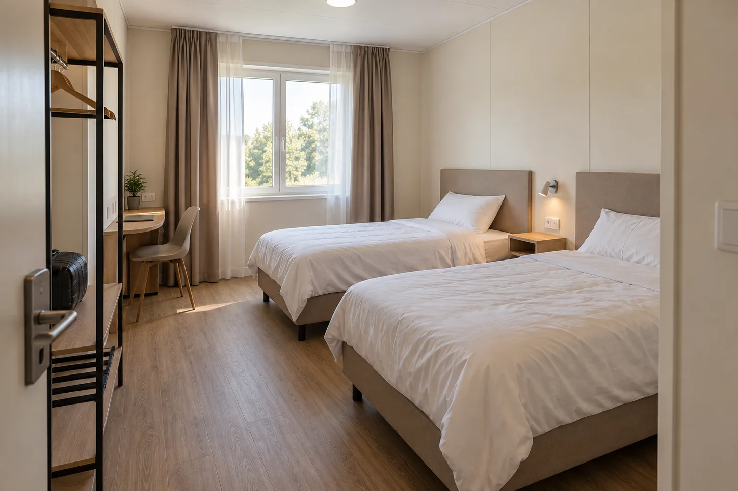 Twin guestroom concept with separate beds and natural daylight