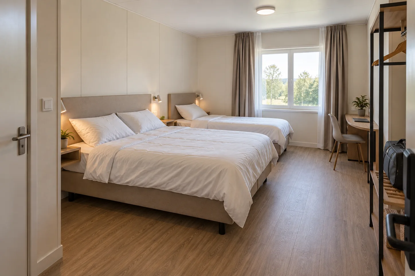 Family guestroom concept with a double bed and a single bed