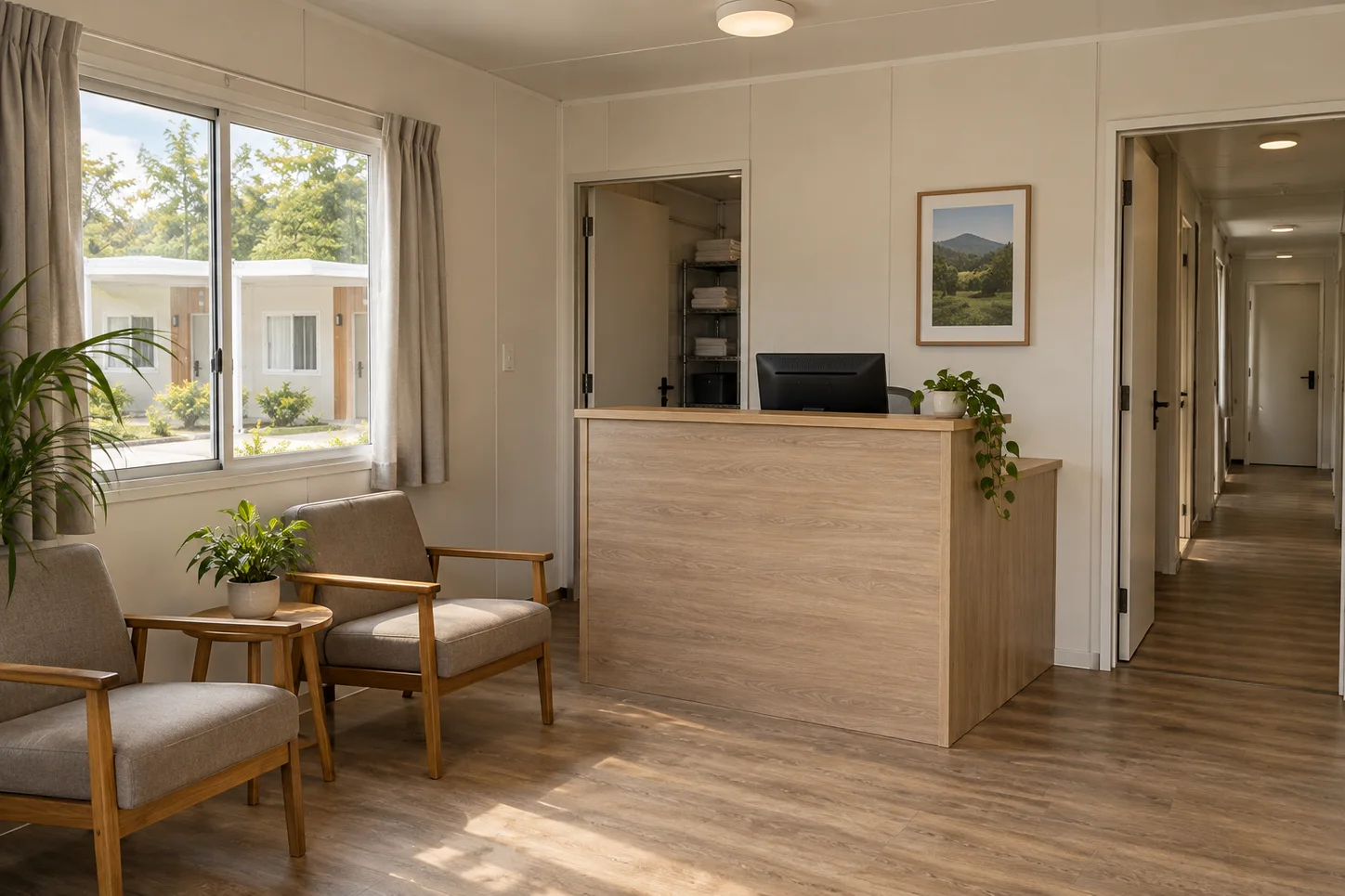 Small hotel reception concept with a check-in desk and waiting chairs
