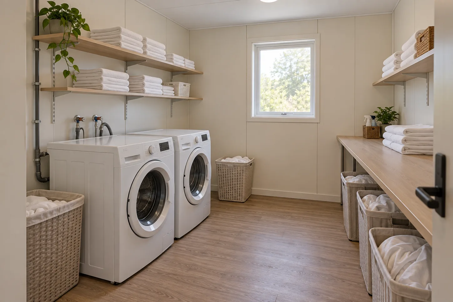 Hotel linen and laundry room concept with washing machines and towel storage