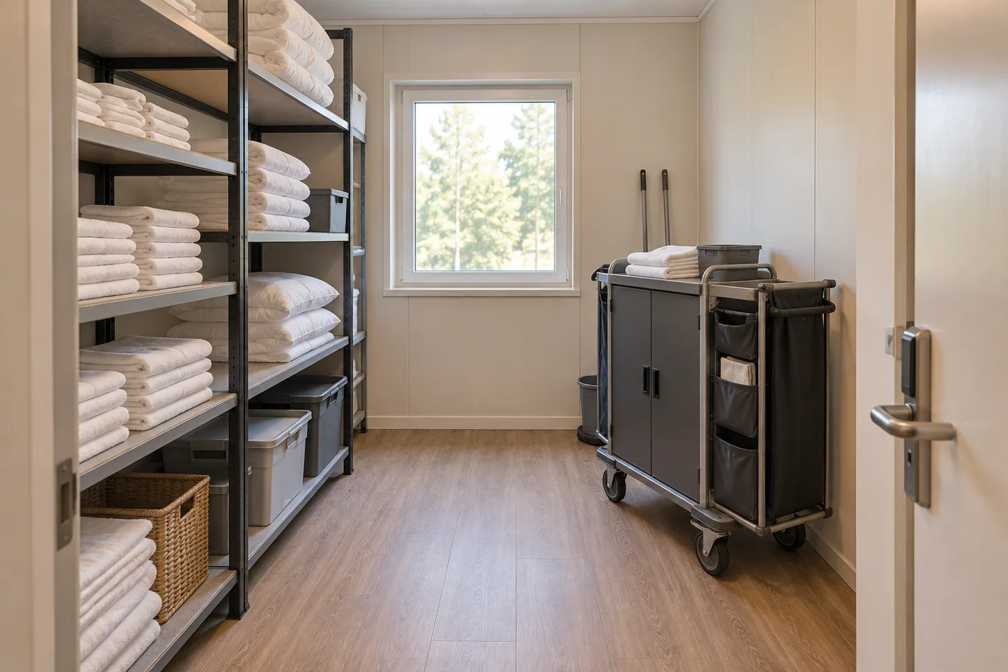 Housekeeping storage concept with linen shelving and a service trolley
