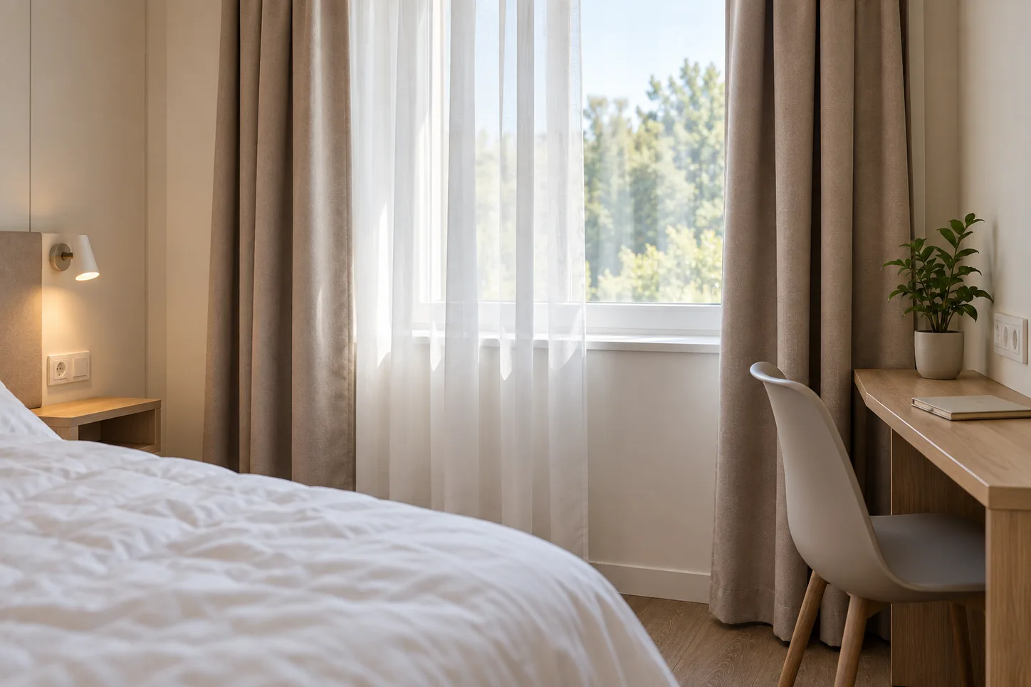 Guestroom window detail with curtains, daylight and a small desk