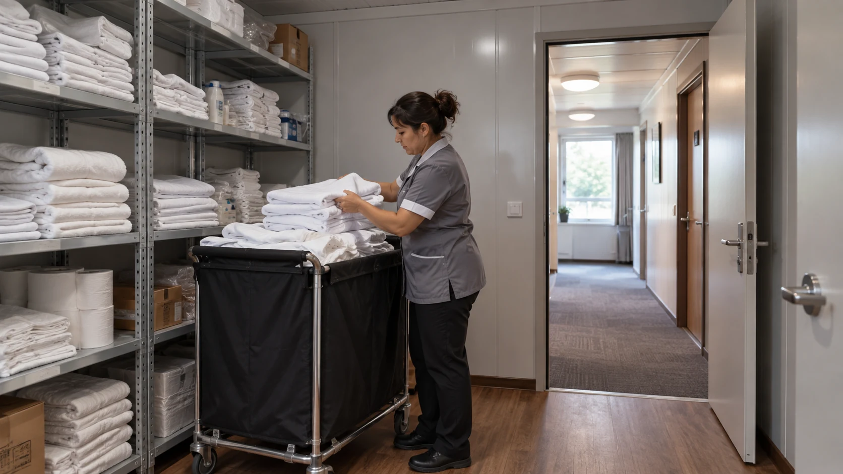 Illustrative hotel housekeeper sorting clean linen beside the guest corridor