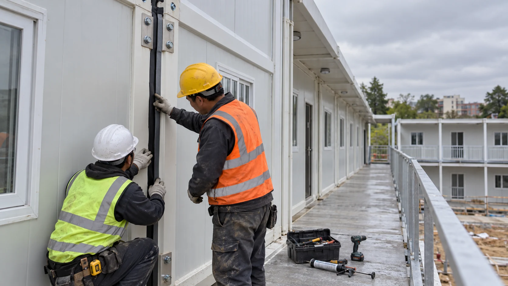 Illustrative workers reviewing the seal at a modular building joint