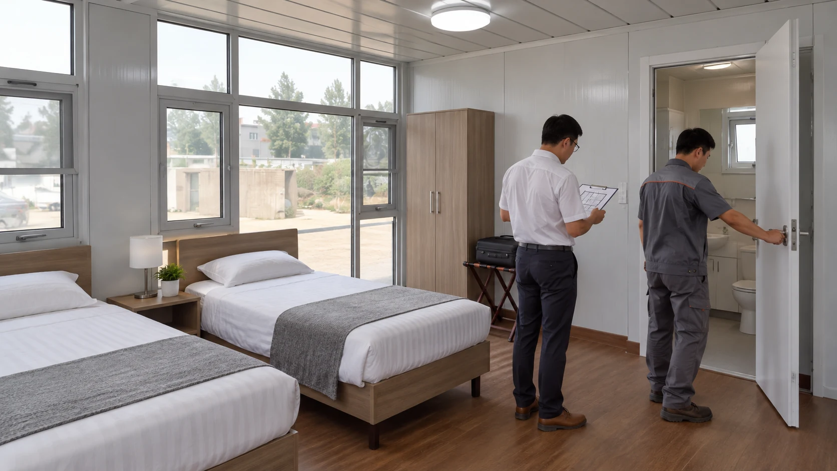 Illustrative team reviewing a modest modular hotel sample room