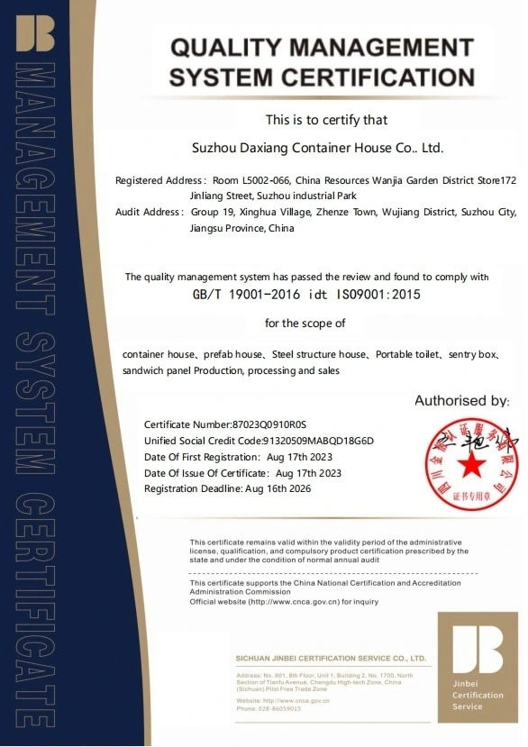 ISO 9001:2015 — Suzhou Daxiang Container House Co., Ltd.