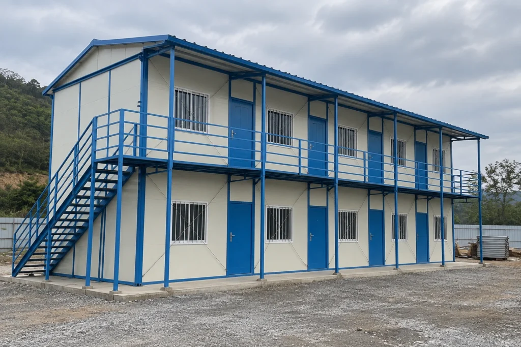 Illustrative two-storey K-house with external corridor and steel stair