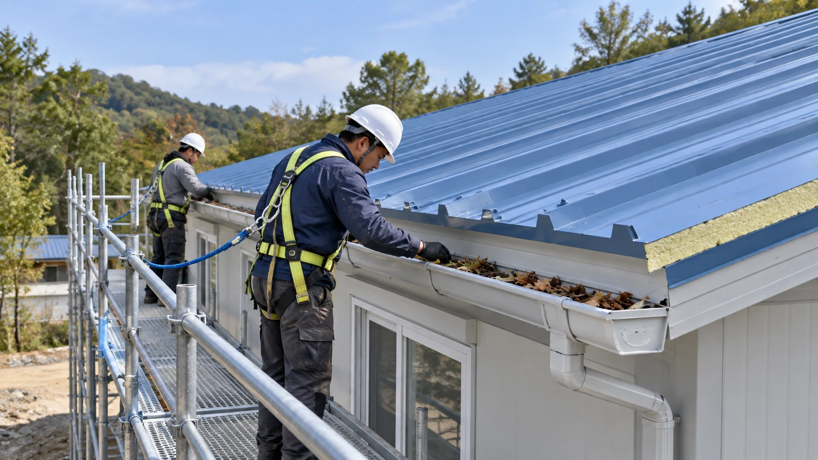 Illustrative qualified crew inspecting K-house gutter from protected access