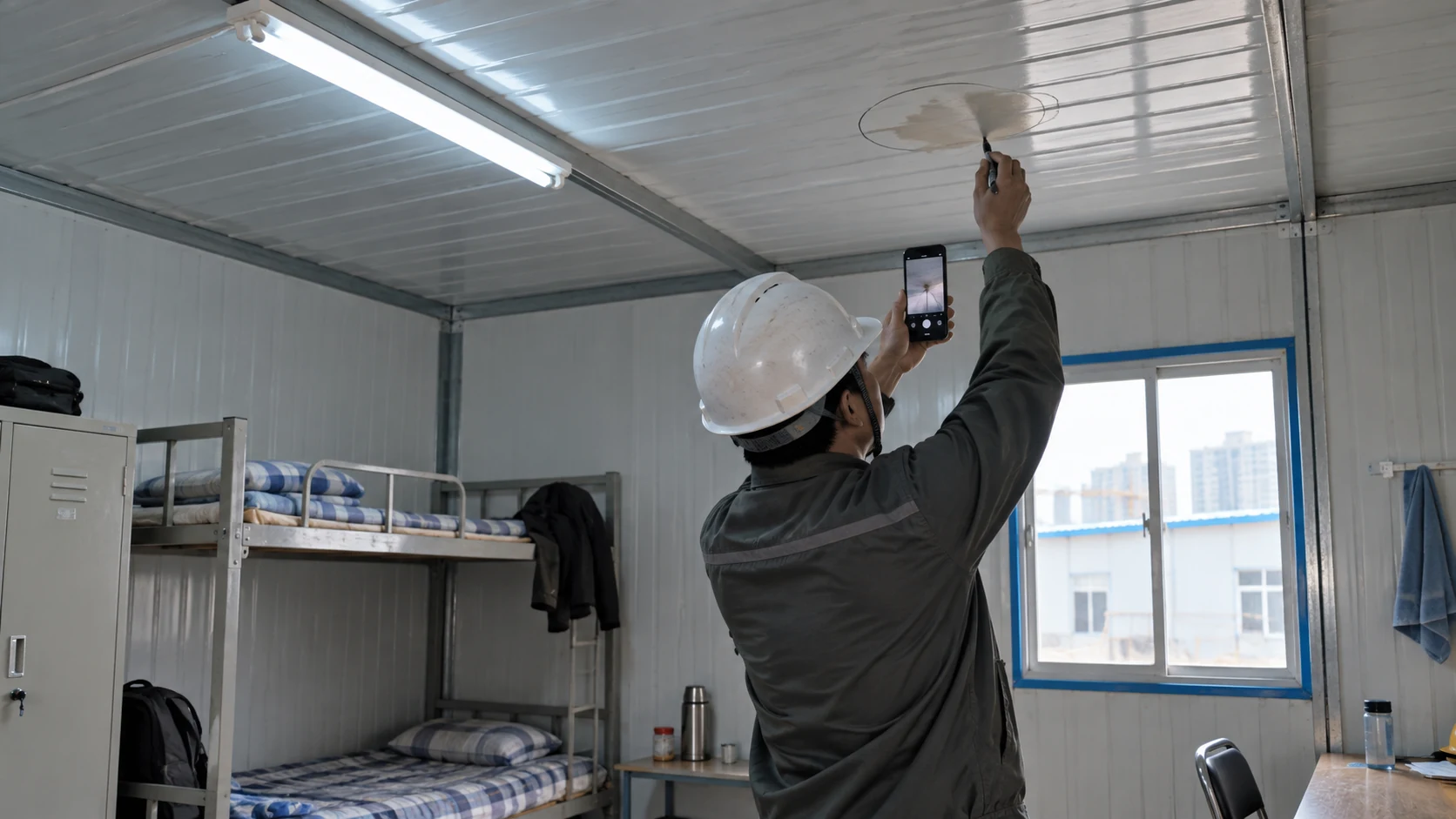 Illustrative site supervisor recording a ceiling moisture mark in a K-house dormitory