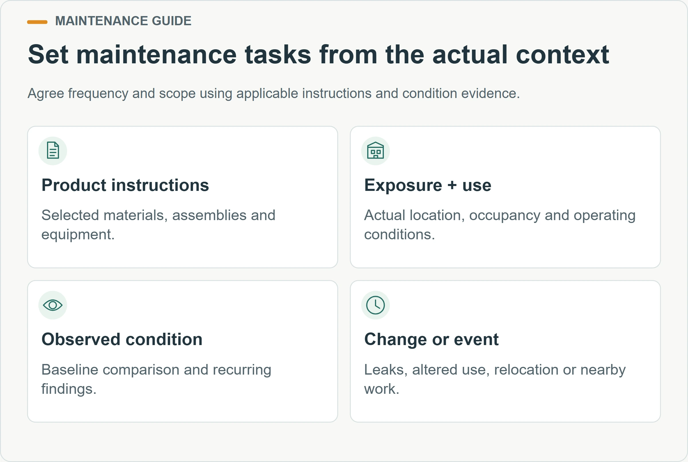 Set maintenance tasks from the actual context. Agree frequency and scope using applicable instructions and condition evidence.