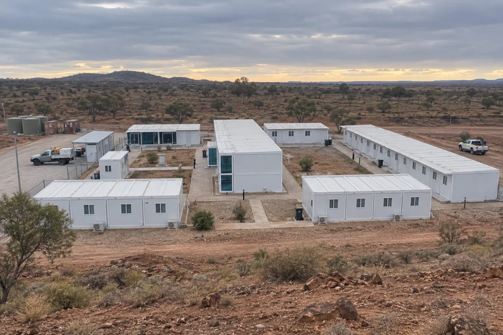 Illustrative scene: Modular accommodation blocks with a courtyard and outer service route