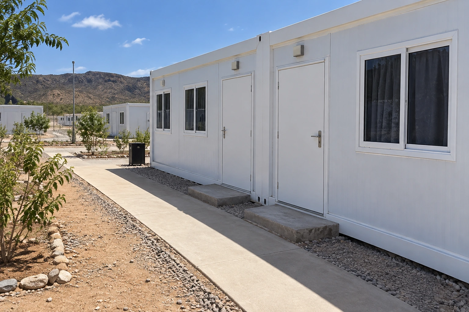 Illustrative scene: Quiet walkway outside modular sleeping rooms