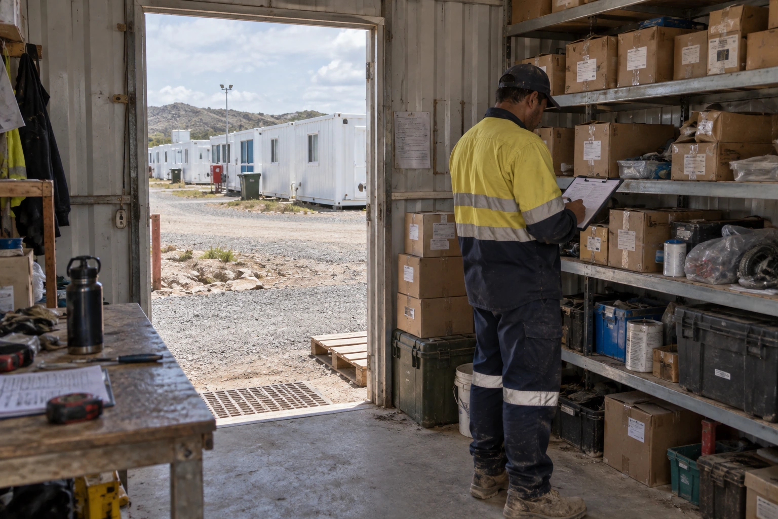 Illustrative scene: Spare-parts storage and receiving check at a modular camp
