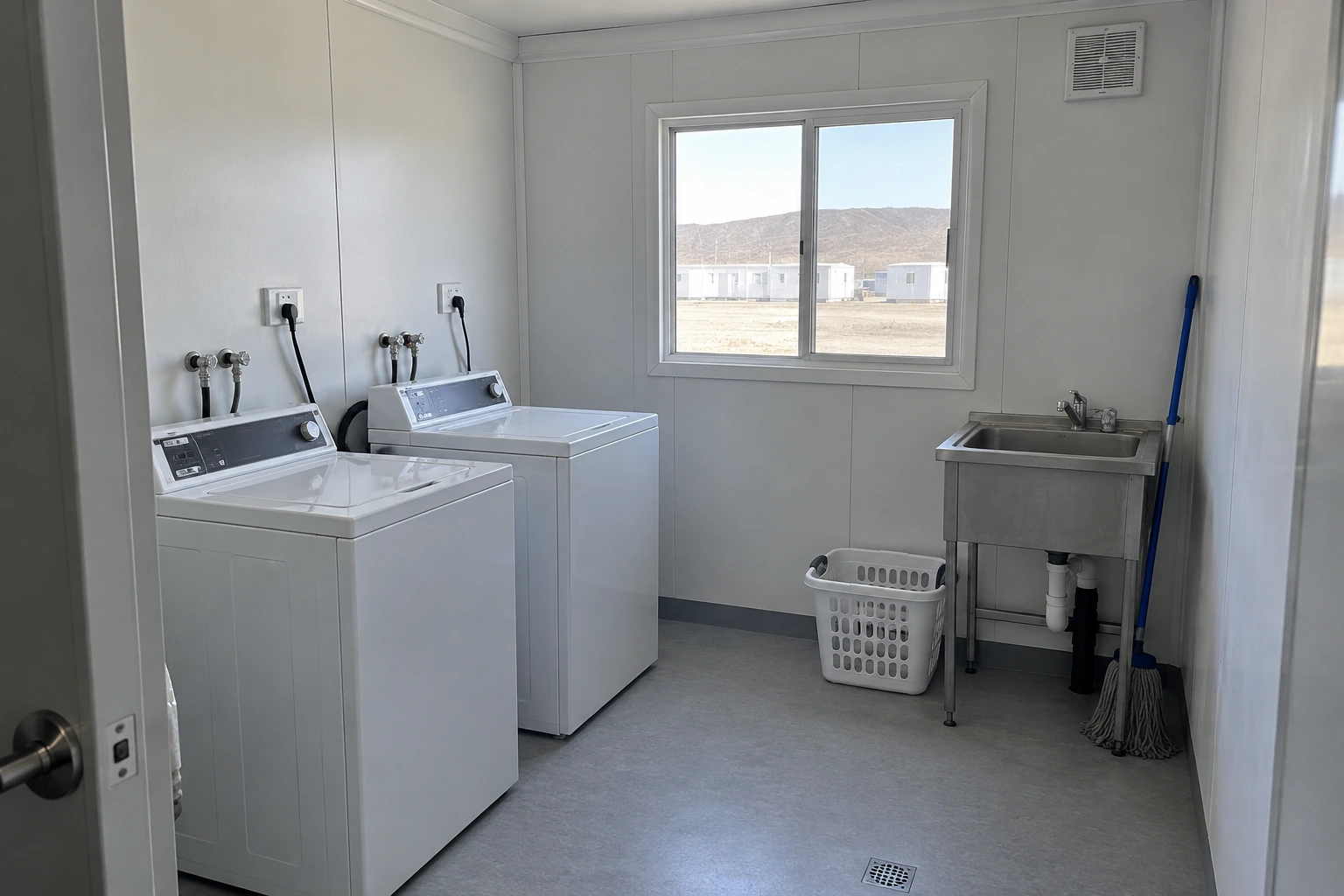 Illustrative scene: Simple laundry facilities in a modular accommodation camp