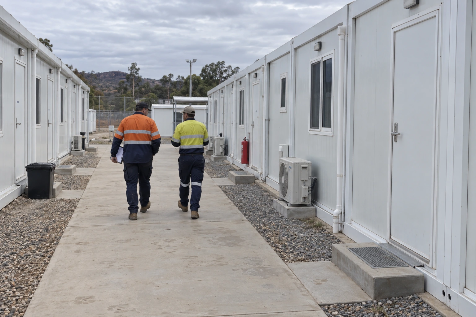 Illustrative scene: Camp operations staff checking an accommodation block