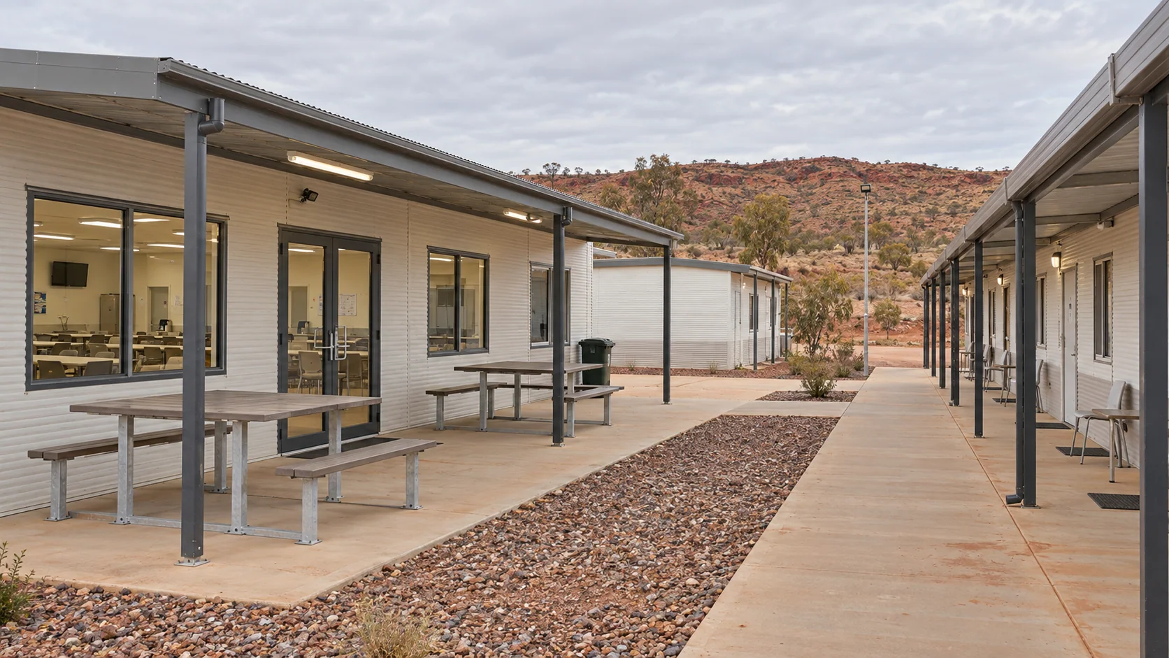 Concept covered pedestrian route connecting camp rooms and shared facilities