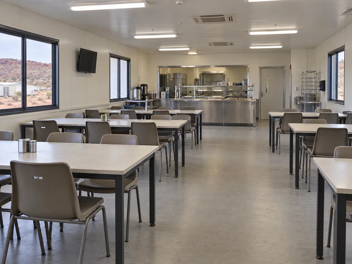 Concept modular dining space with tables and a serving area