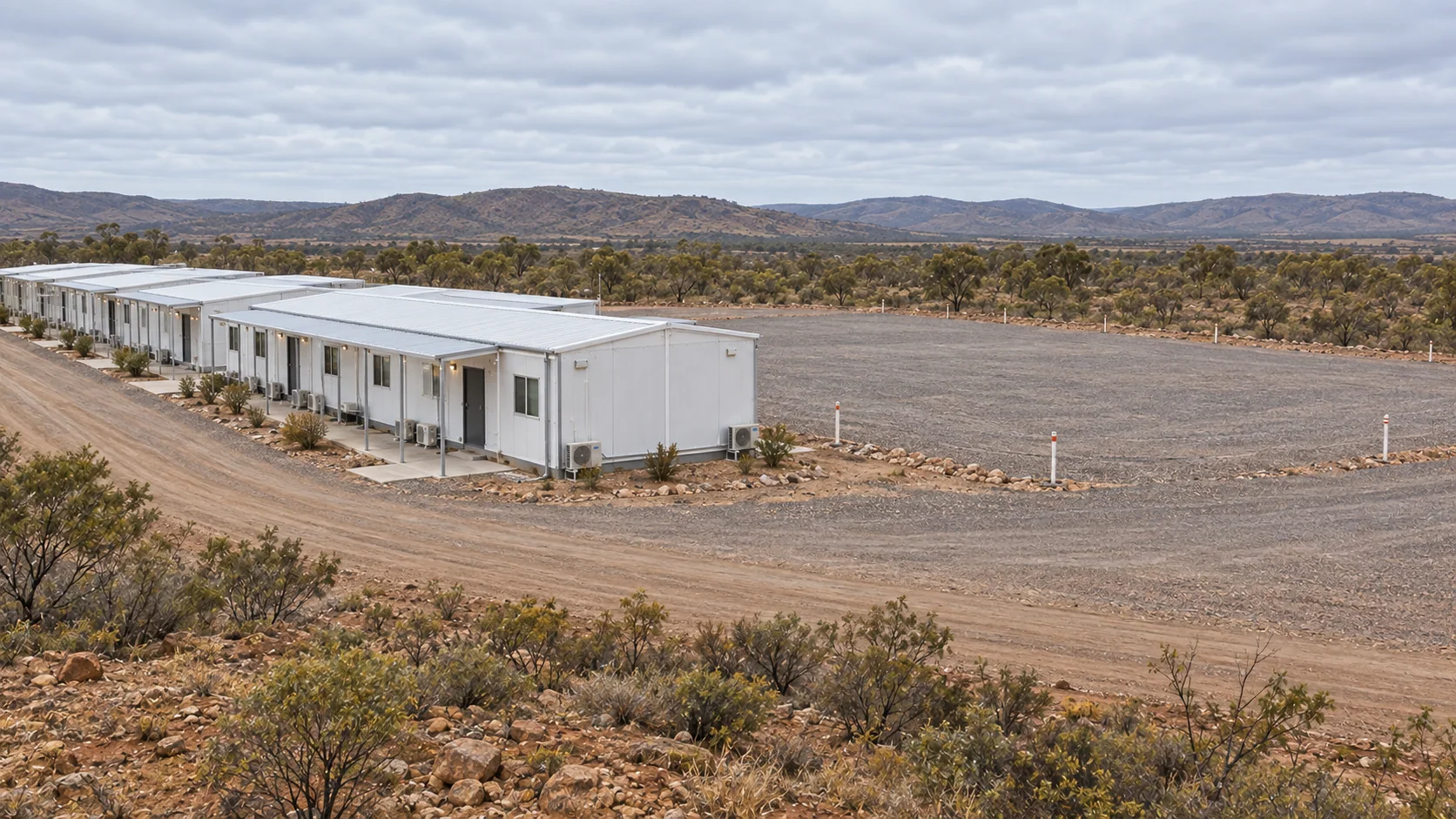 Concept mining camp buildings beside an area reserved for a future phase