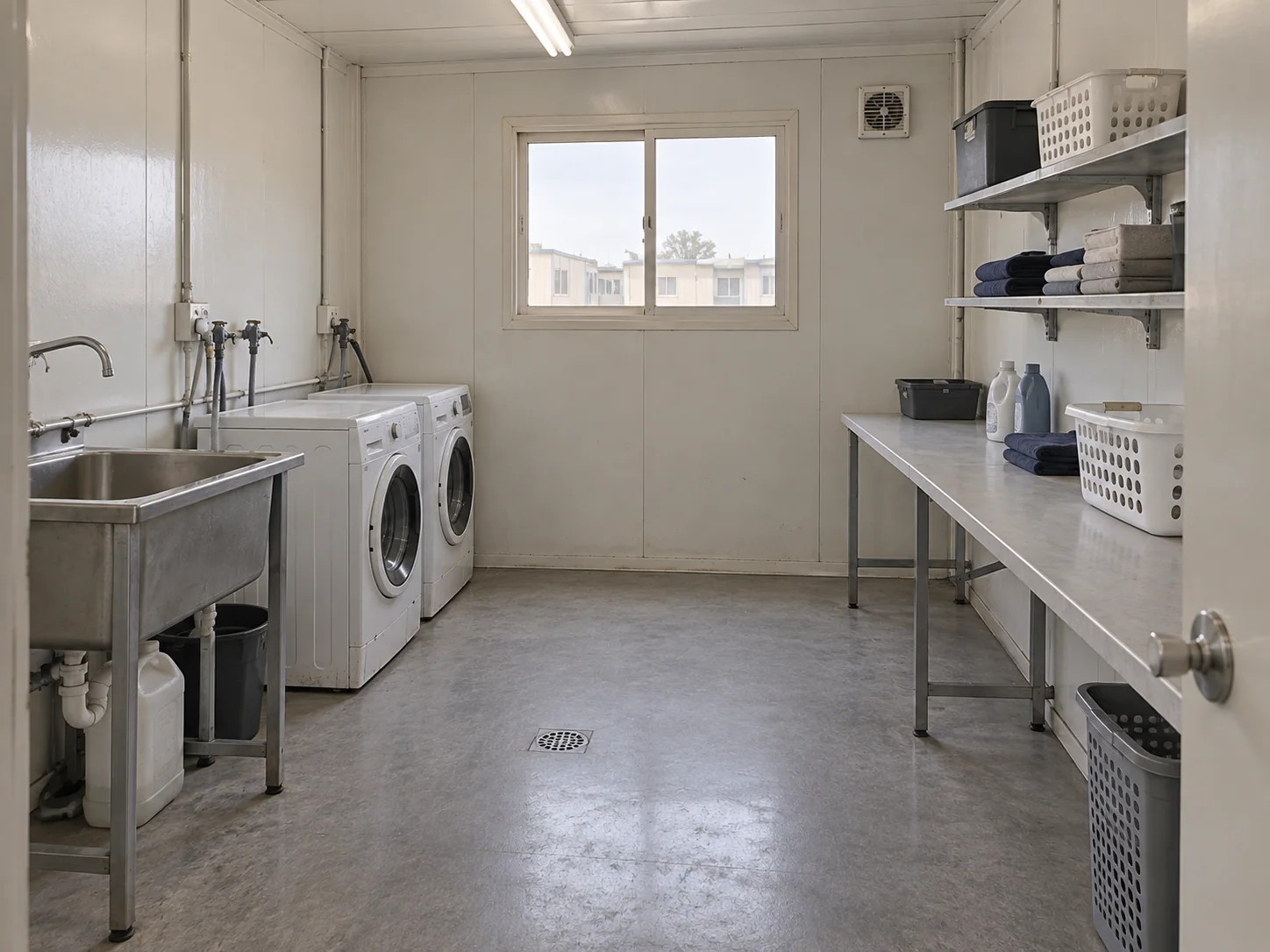 Concept laundry room with washing machines, sink and storage