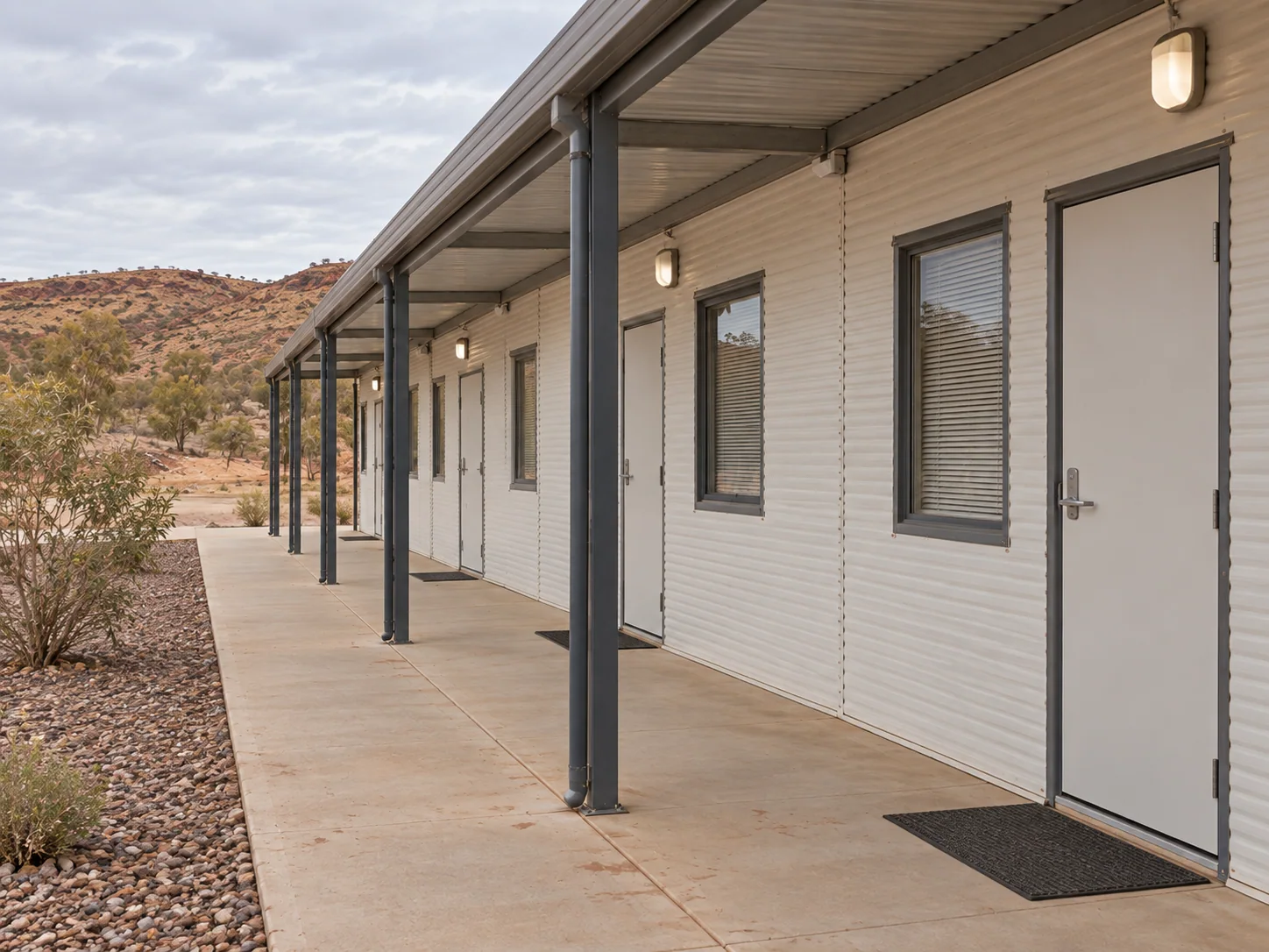 Concept room entrances along a sheltered mining camp pedestrian route