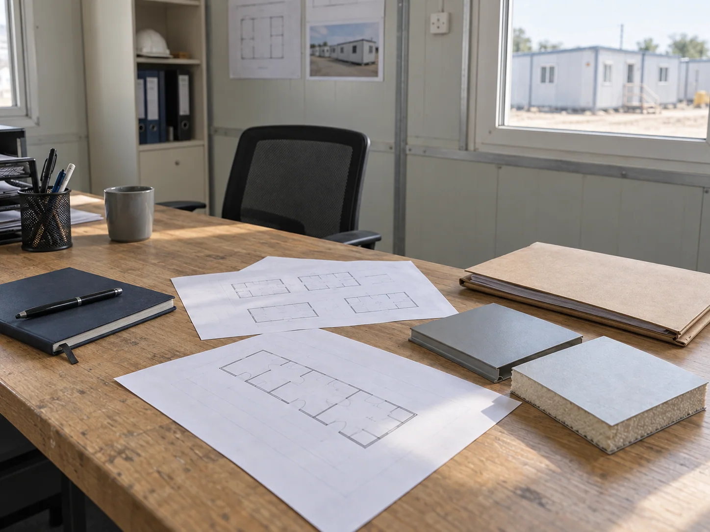 Concept room planning papers and material samples for a camp quotation discussion