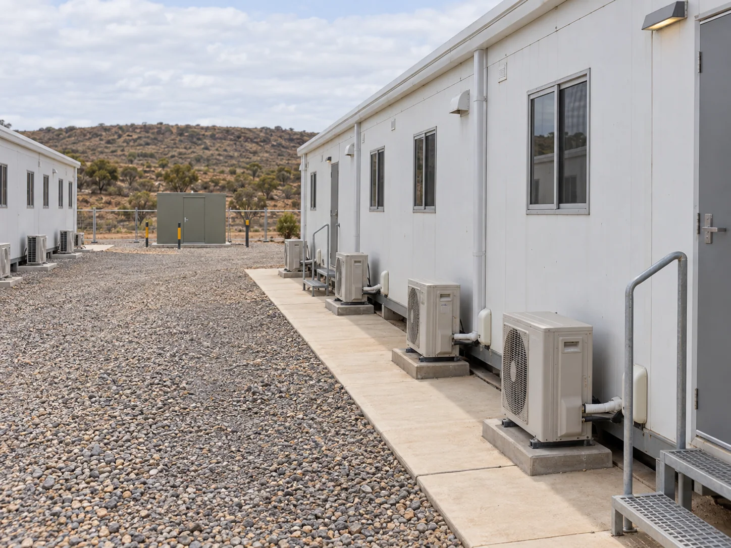 Concept service-side access beside modular accommodation buildings