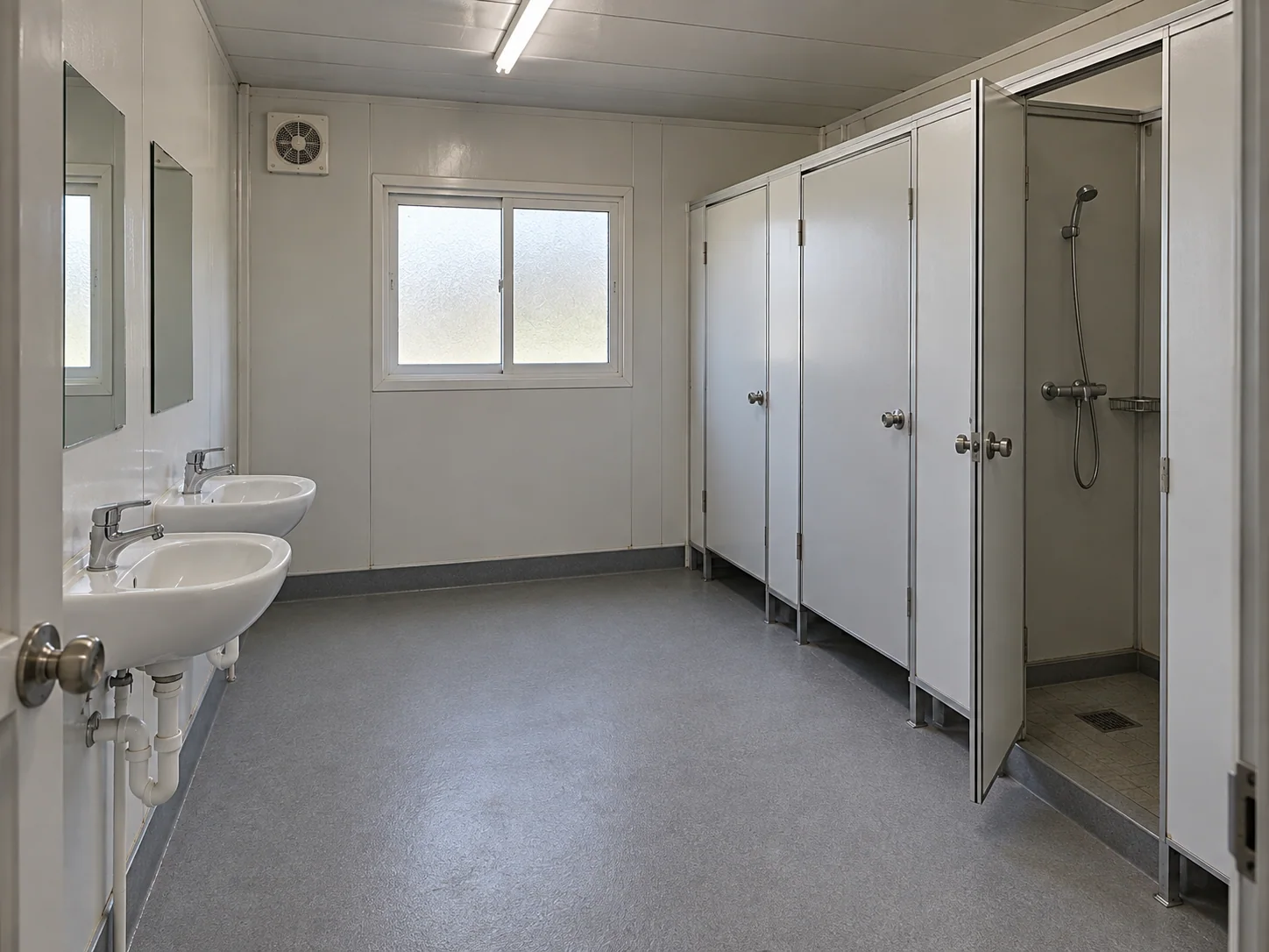 Concept shared washroom with basins and private shower cubicles
