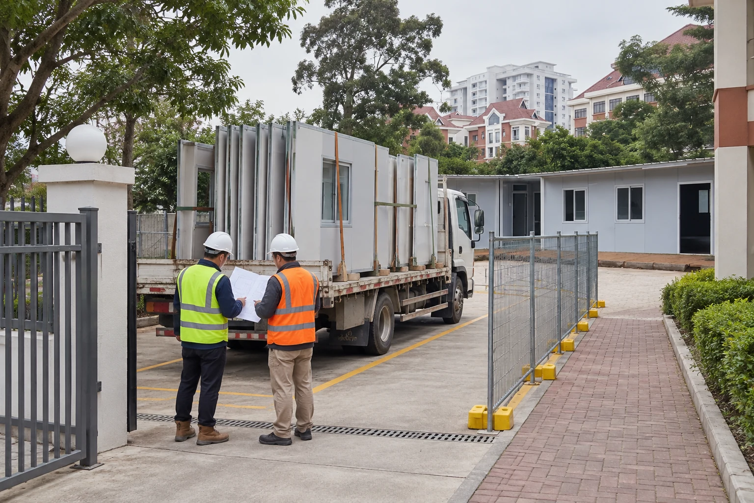 Illustrative school delivery bay with a modular wall-panel truck and controlled pedestrian route