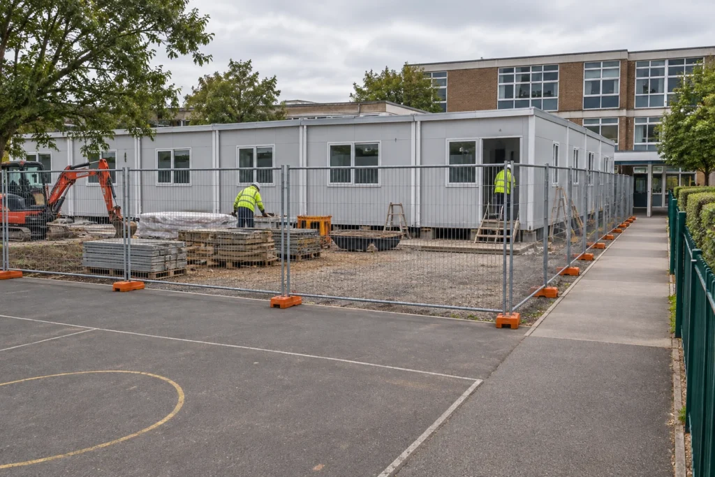 Illustrative modular classrooms under construction behind a temporary campus fence