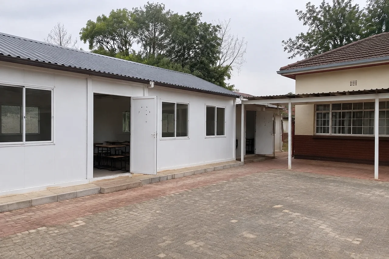 Illustrative modular classroom addition beside an existing school building