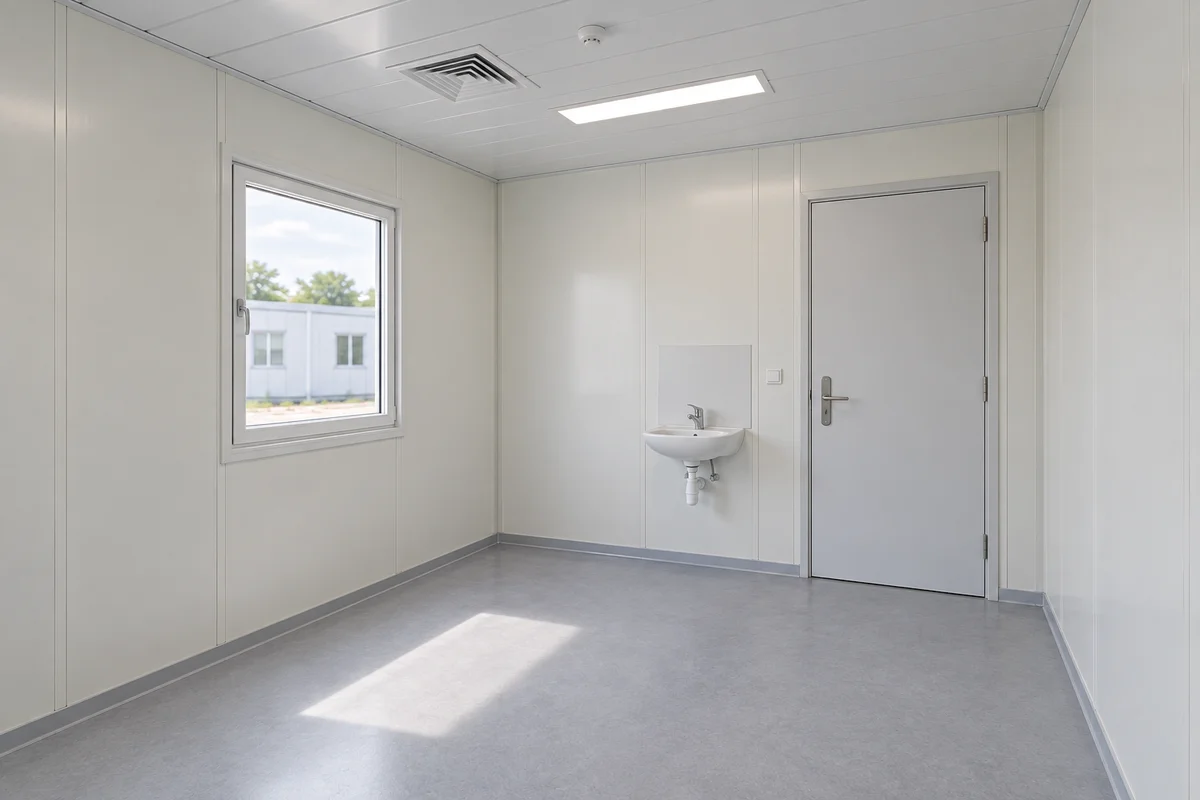 Modular clinic room with grey flooring, white panels and ceiling ventilation