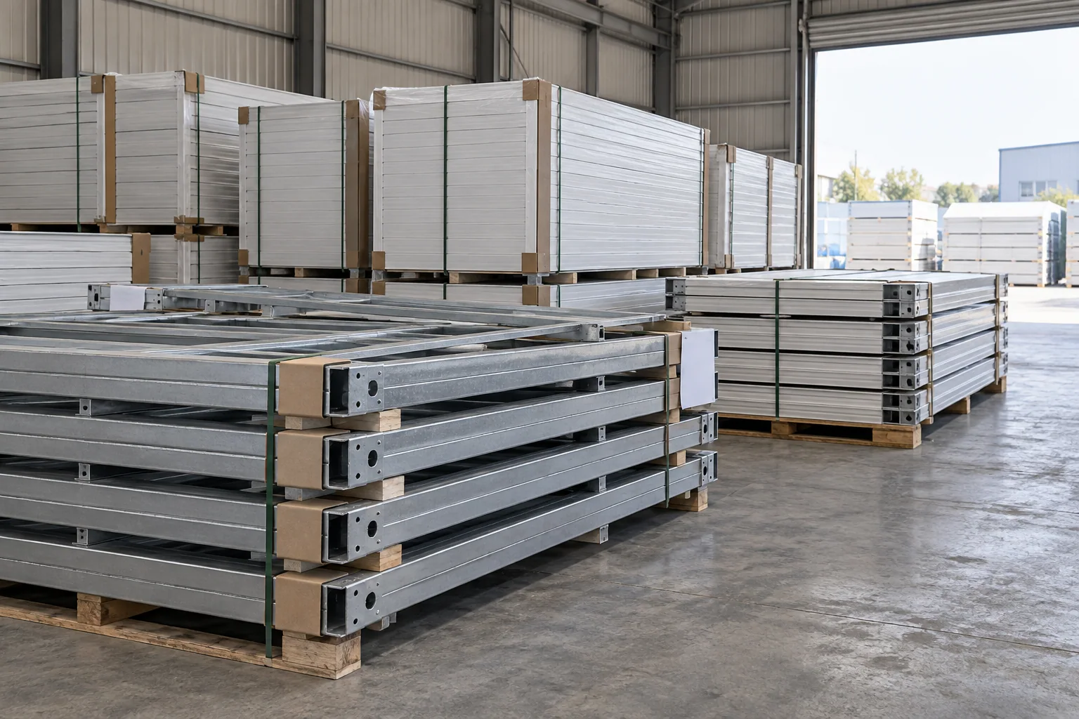 Concept view of packed modular frames and wall panels