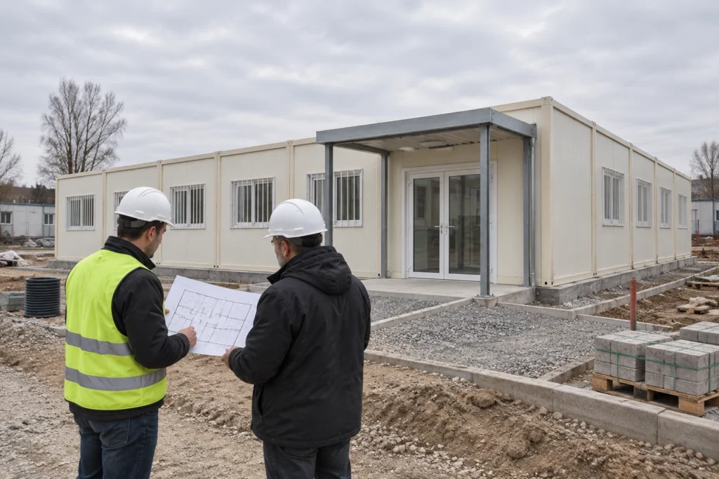 Illustrative modest modular clinic building being reviewed by project engineers before opening