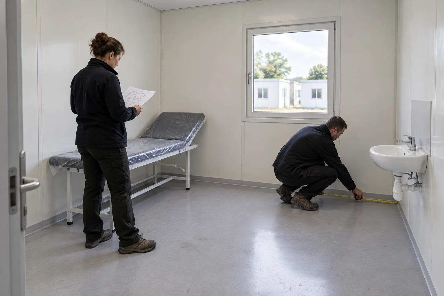 Illustrative review of equipment clearance in an unfinished modular consultation room