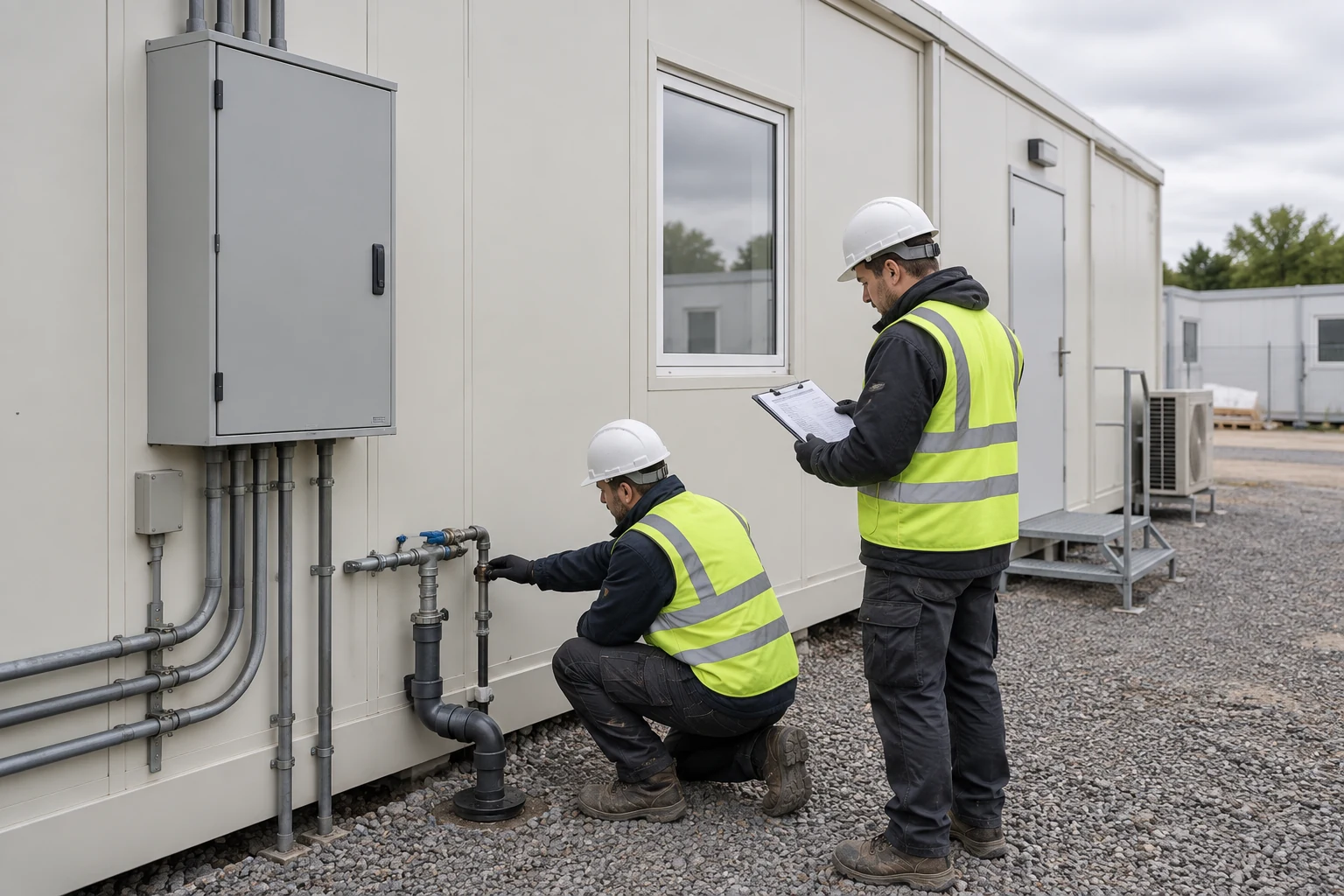 Illustrative technicians checking building-side utility connections at a modular clinic