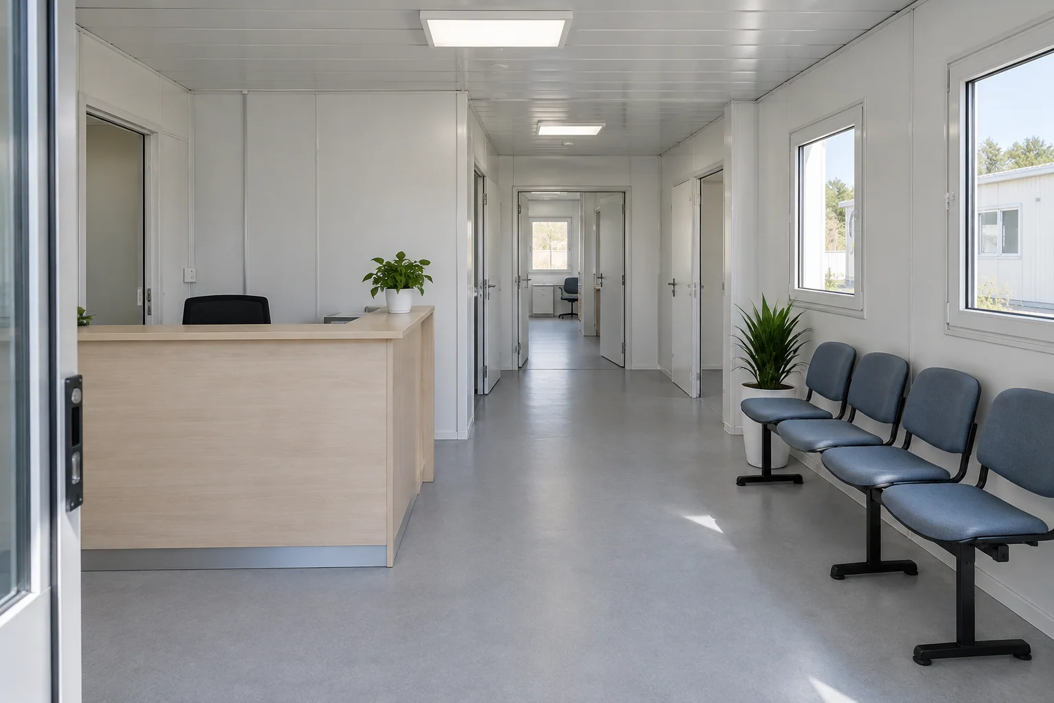 Concept reception and waiting area in a modular clinic