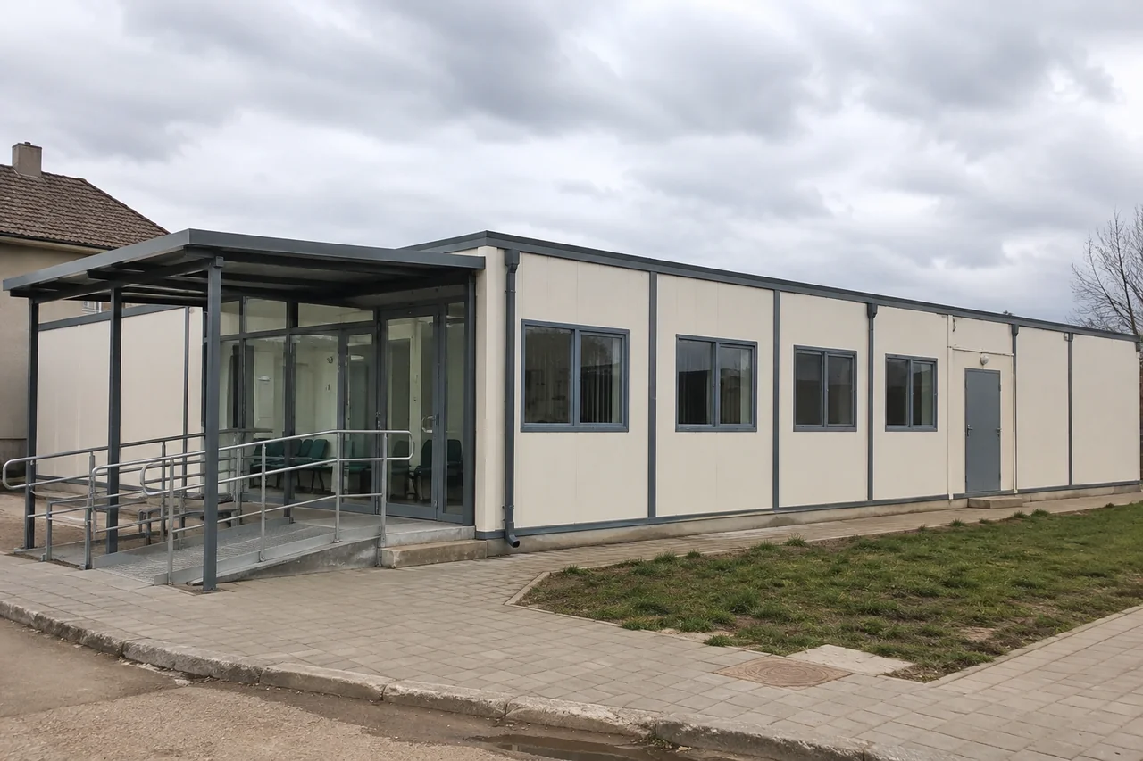 Illustrative modular clinic support space with a covered entrance and waiting area