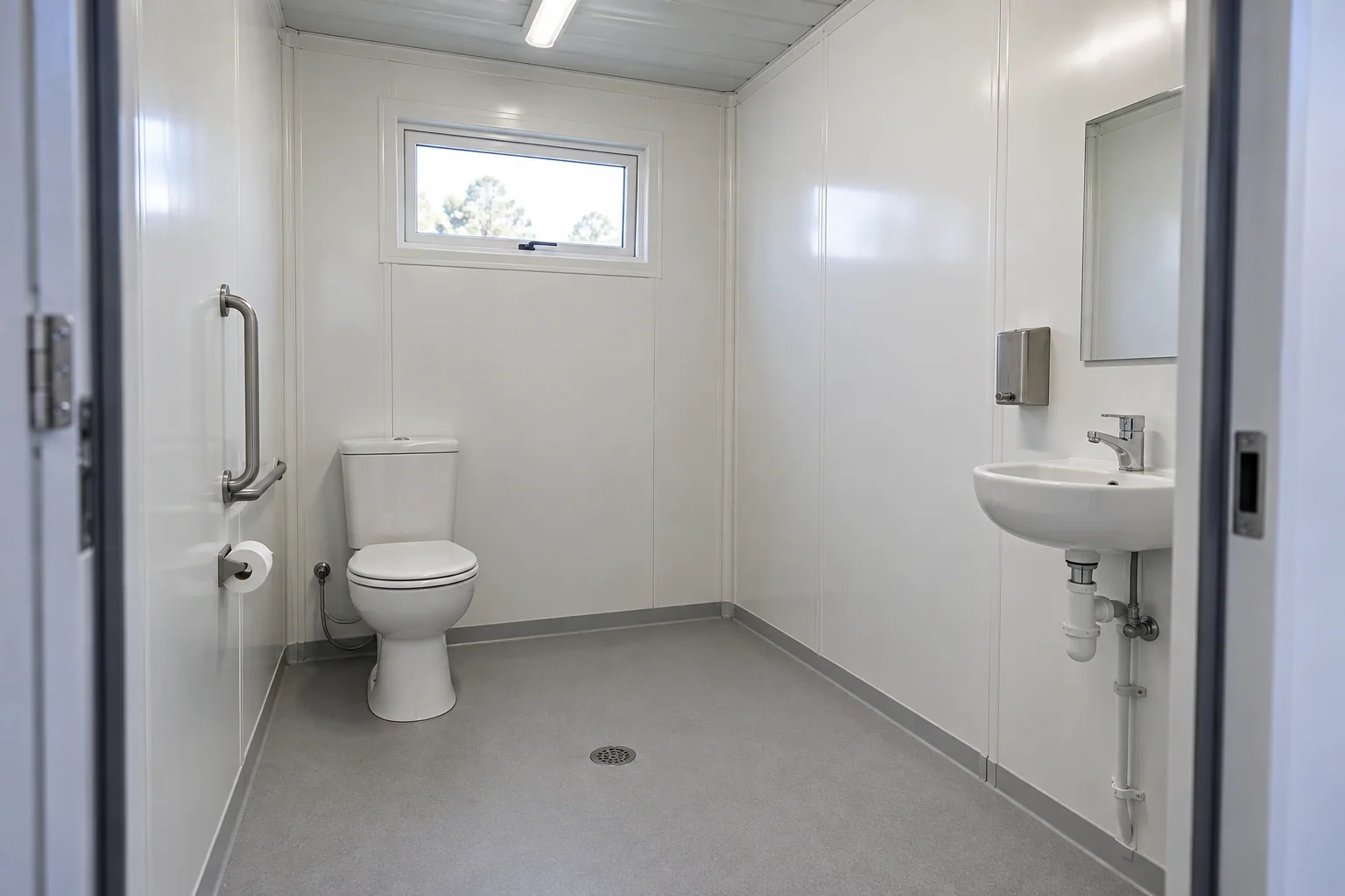 Concept modular washroom with toilet and handwash basin