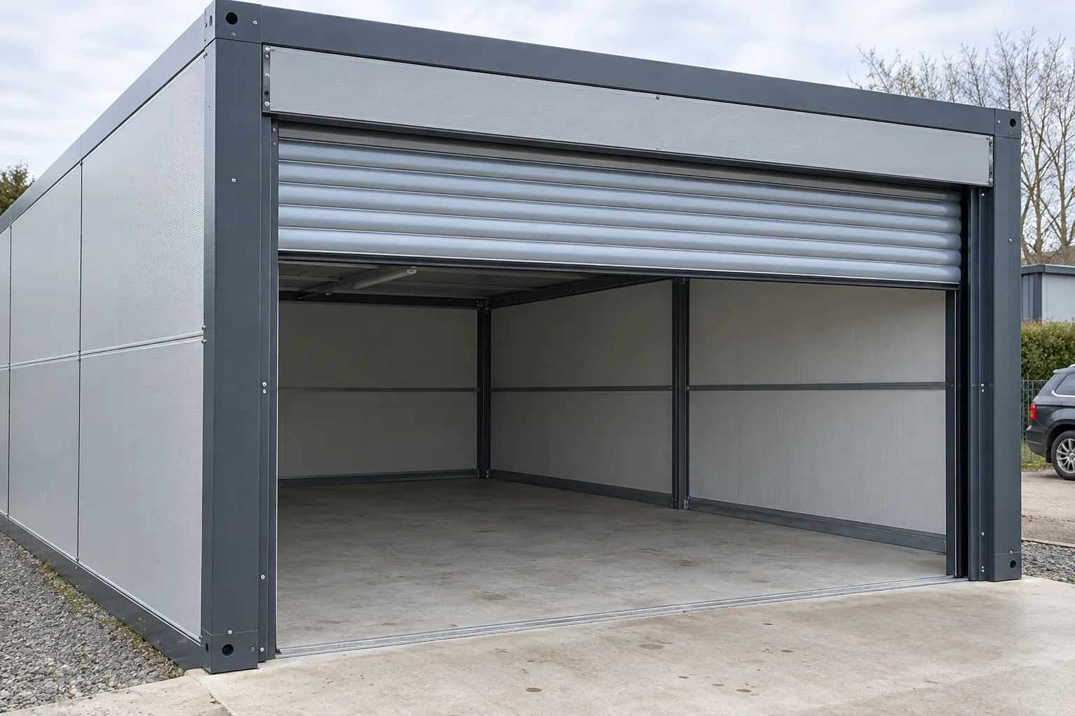 Roller-door opening and ground-level concrete entrance of a modular garage.