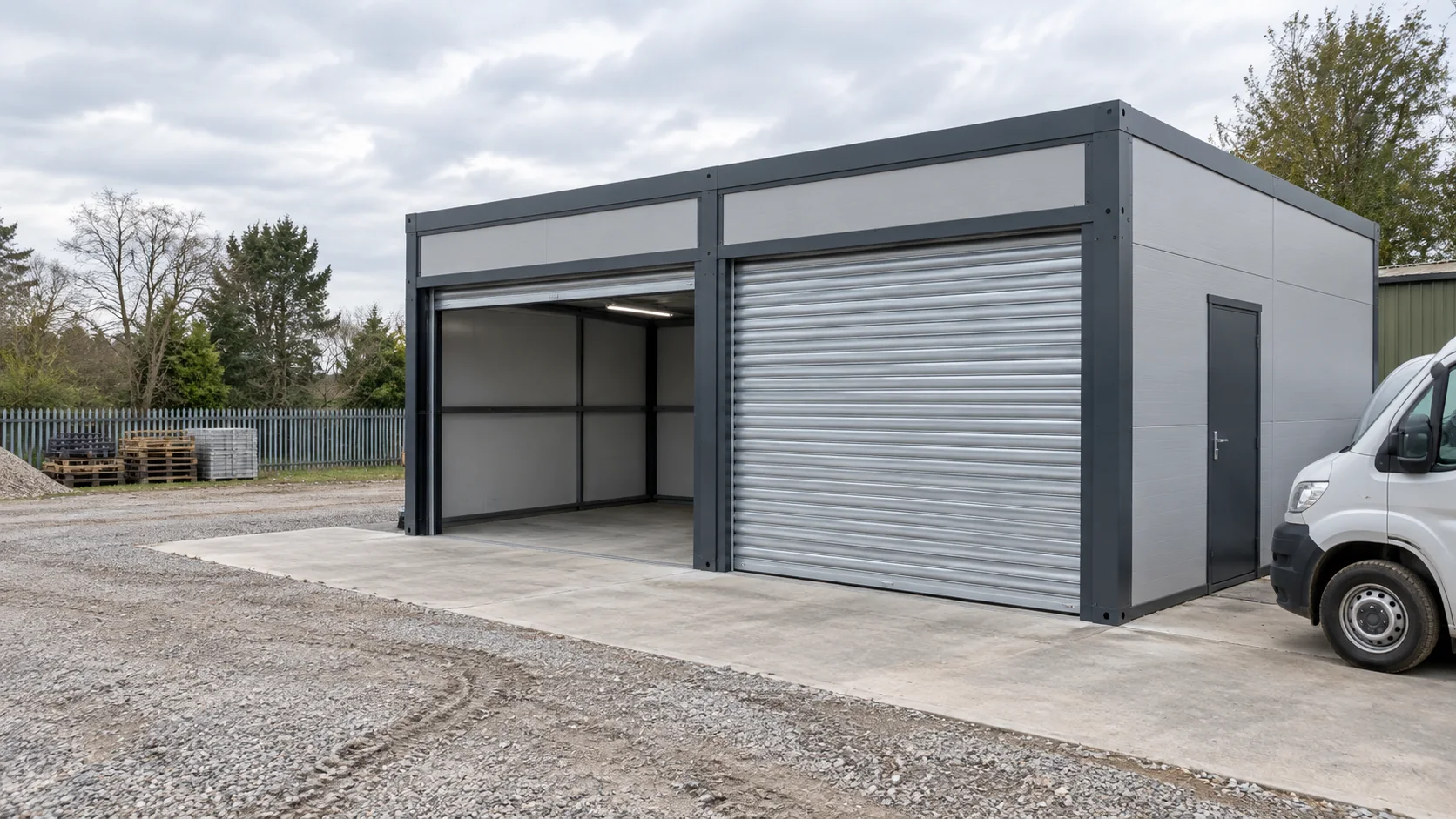 Modular garage with two roller-door bays in a practical vehicle yard.