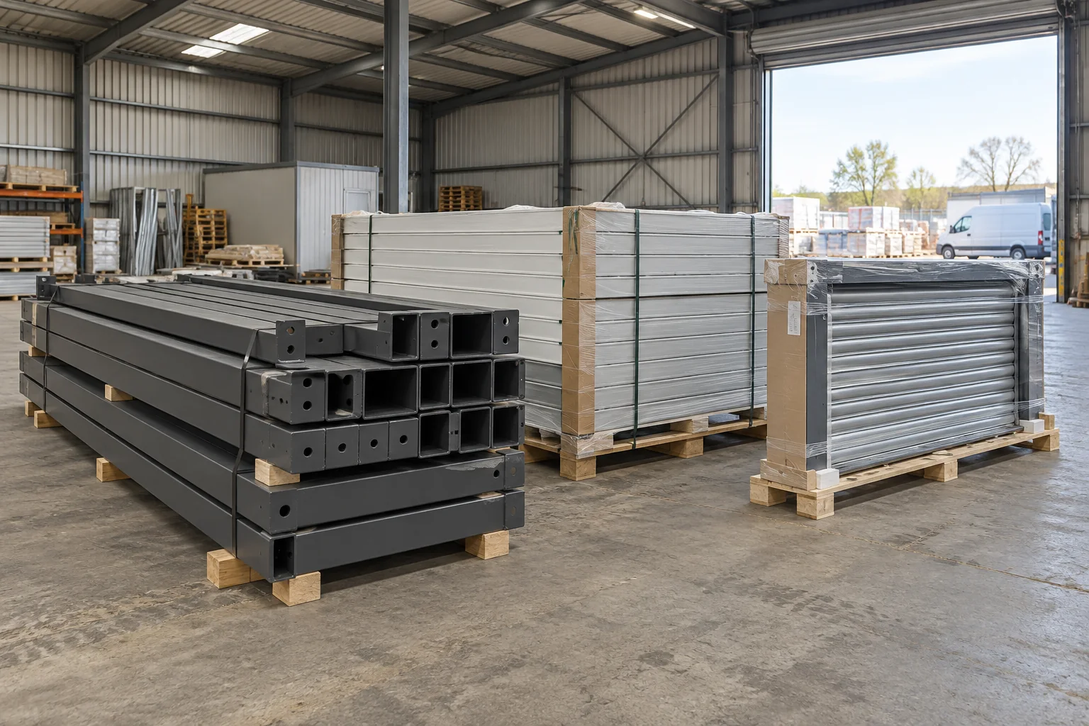 Garage frame members, wall panels and a roller-door assembly prepared for packing.