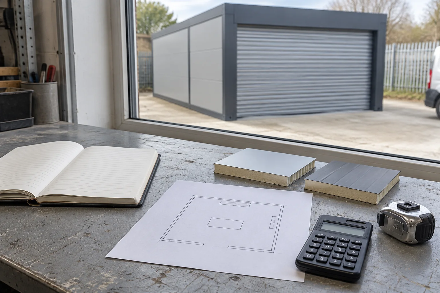 Garage planning sketch, material samples and calculator on a worktable.